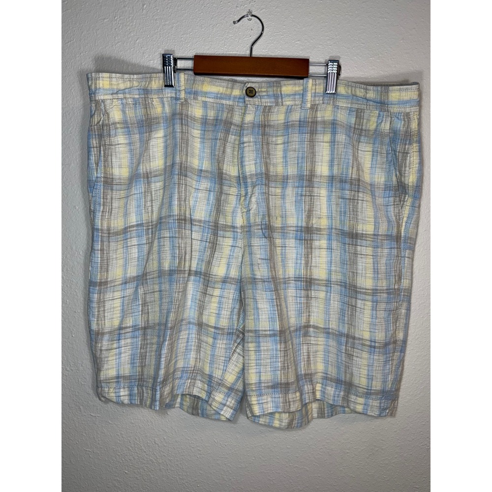 Tommy Bahama Mens 42 Plaid Linen Tencel Shorts Blue Yellow Grey Casual Resort